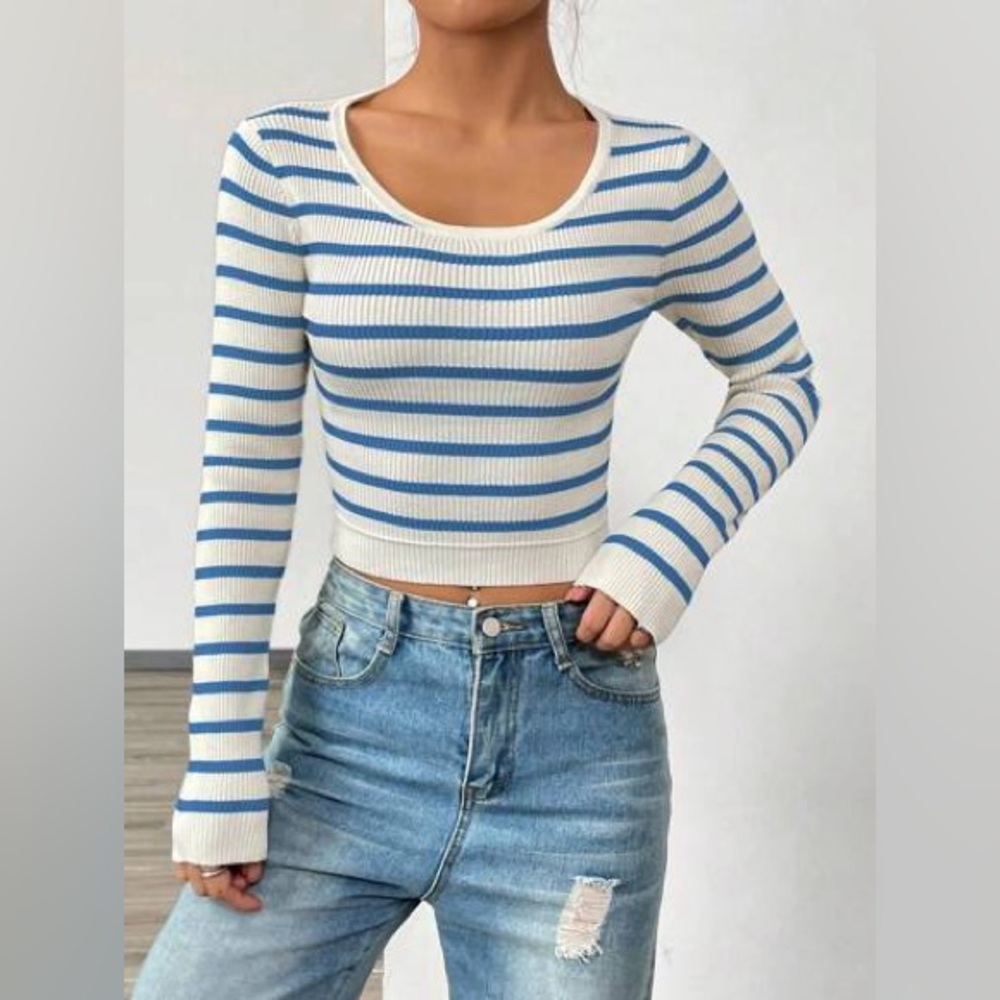 SHEIN Striped White and Blue Ribbed Knit Crop Sweater